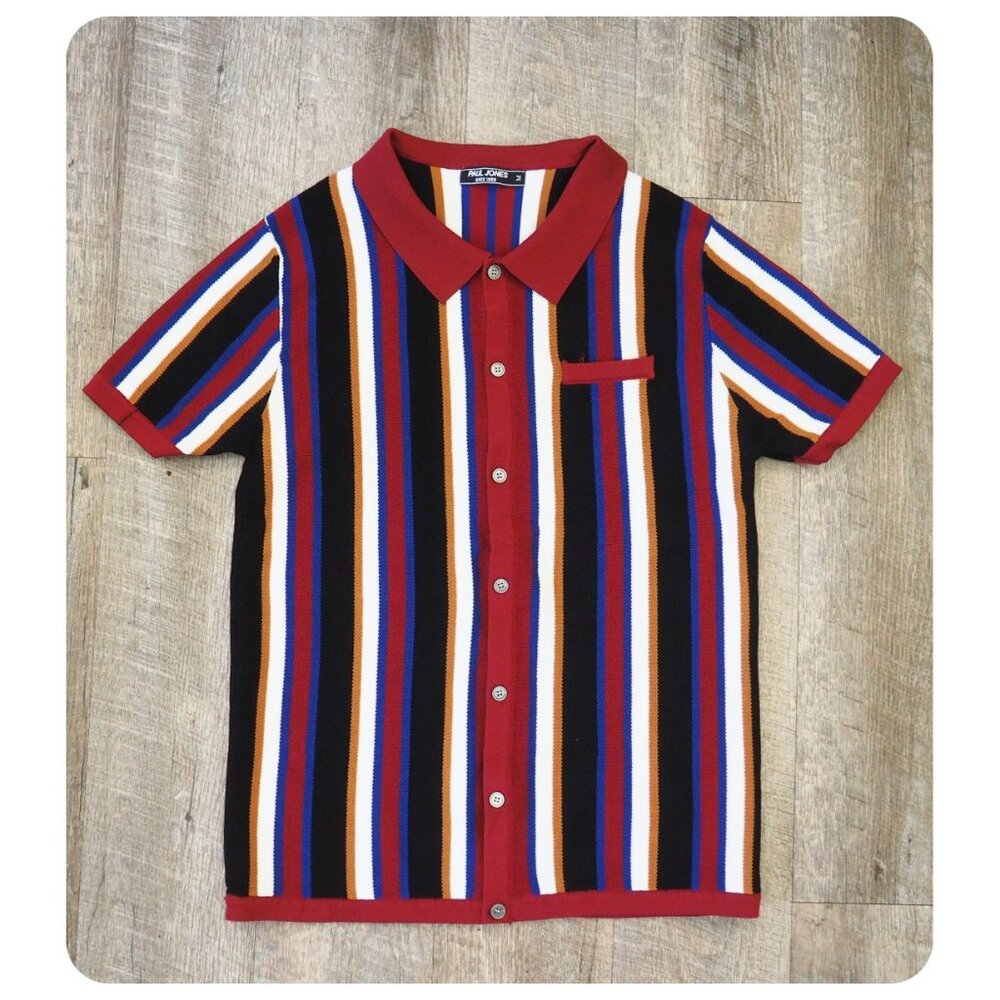 ! Paul Jones Stripe Button Down Short Sleeve Polo Shirt sz M